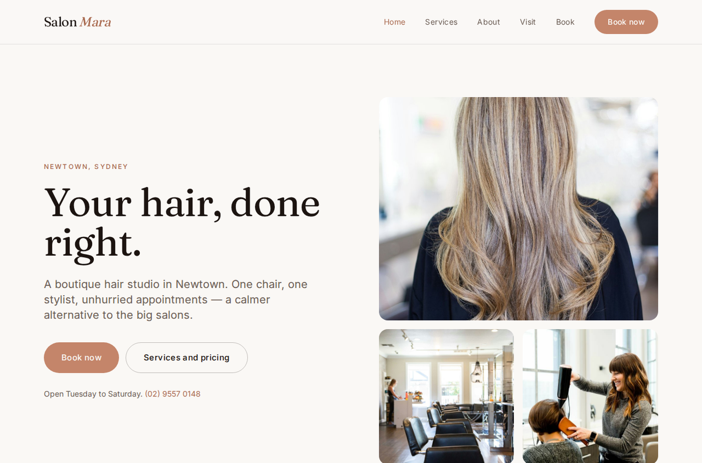Desktop view of the Salon Mara website